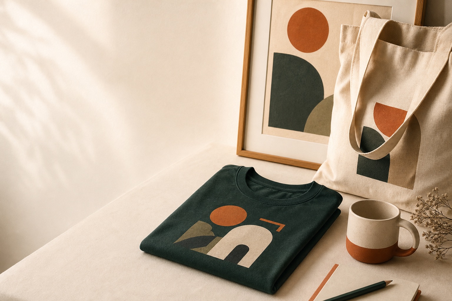 Coordinated t-shirt, tote, mug and wall art mockup campaign